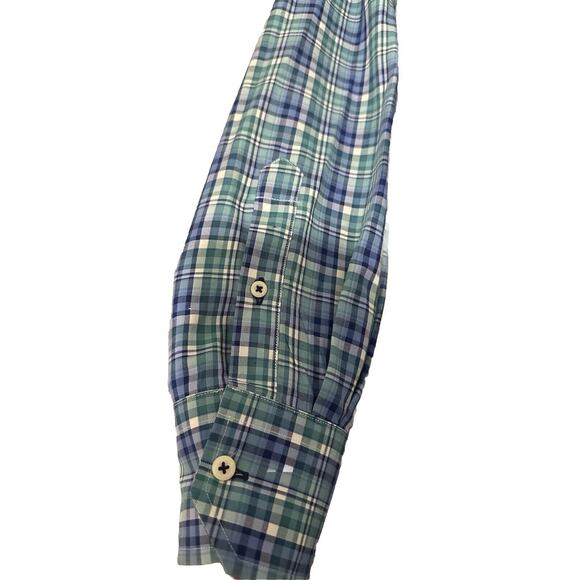 David Donahue Dress Shirt Mens Large Blue Green Plaid 100% Cotton - Picture 3 of 6